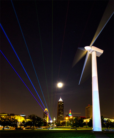 Lasers and Full Moon over Cleveland